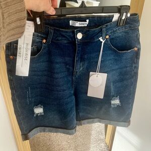 SAND Women's High-Rise Distressed Jean Shorts - Dark Blue